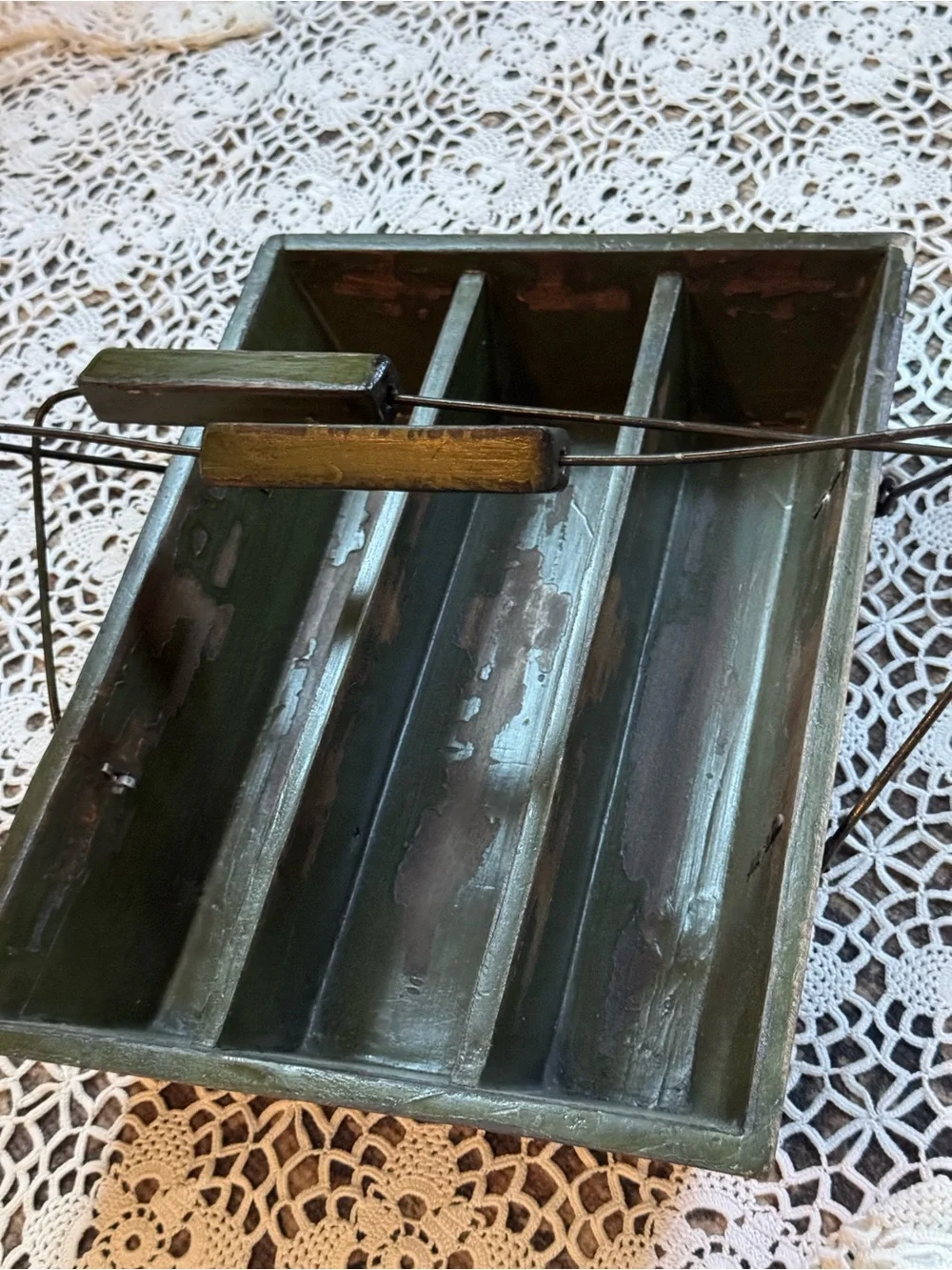 Vintage Primitive Wooden Divided Tool Caddy | Green Farmhouse Carrier